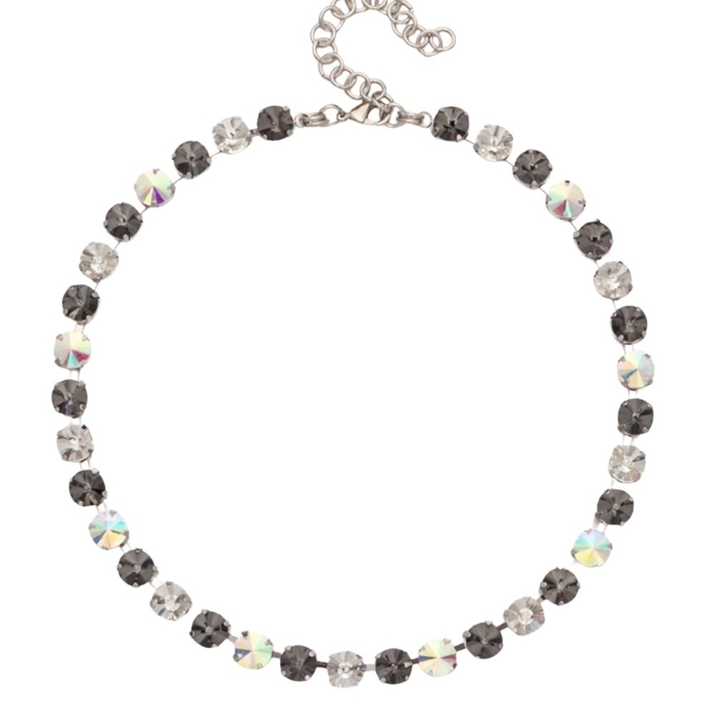 Crystal Choker Necklace – 8mm Black, Clear & Aurora Stones – Adjustable 17.7"